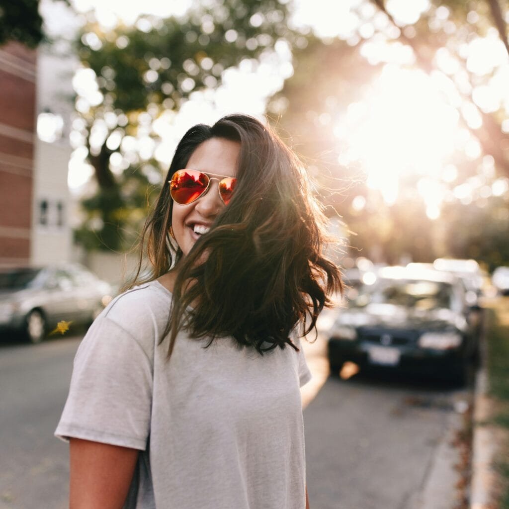 An energized mum, smiling and feeling great